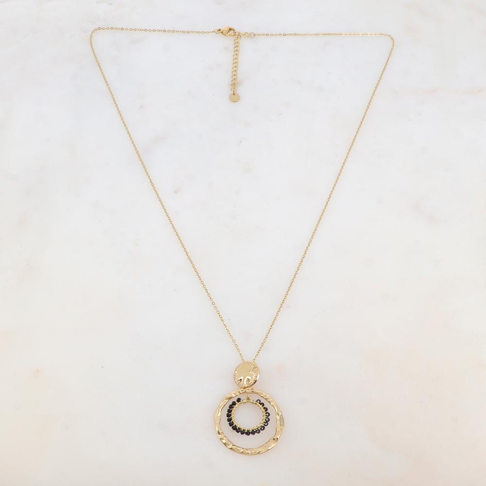 Collier avec pièce ronde, deux anneaux et perles de rocaille beiges (55+5CM)