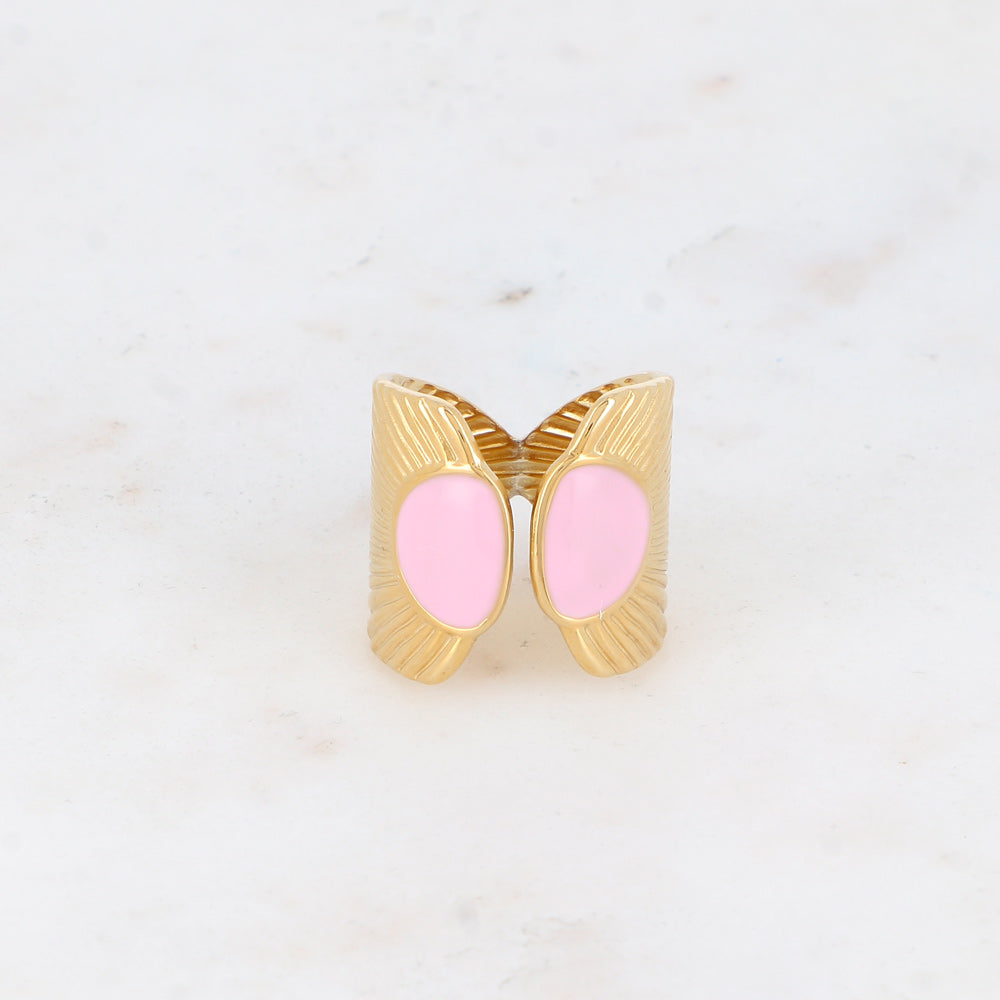Bague avec pièce graphique à rayure et géométrique, émail - Rose