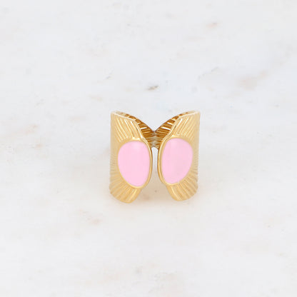 Bague avec pièce graphique à rayure et géométrique, émail - Rose