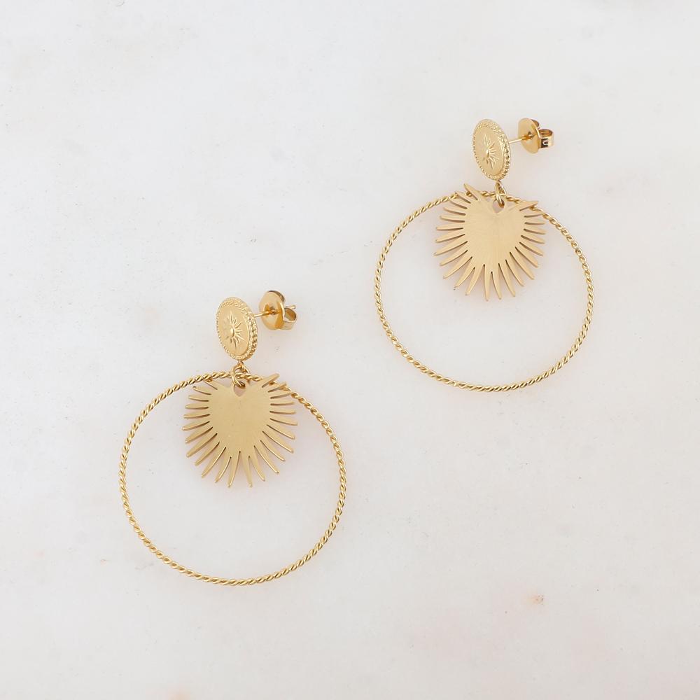 B.O à puce avec anneau, feuille, pièce ronde et soleil Diamètre anneau : 3,5 cm pièce ronde : 1 cm. Dimension pièce ovale : 2,3 x 3 cm.