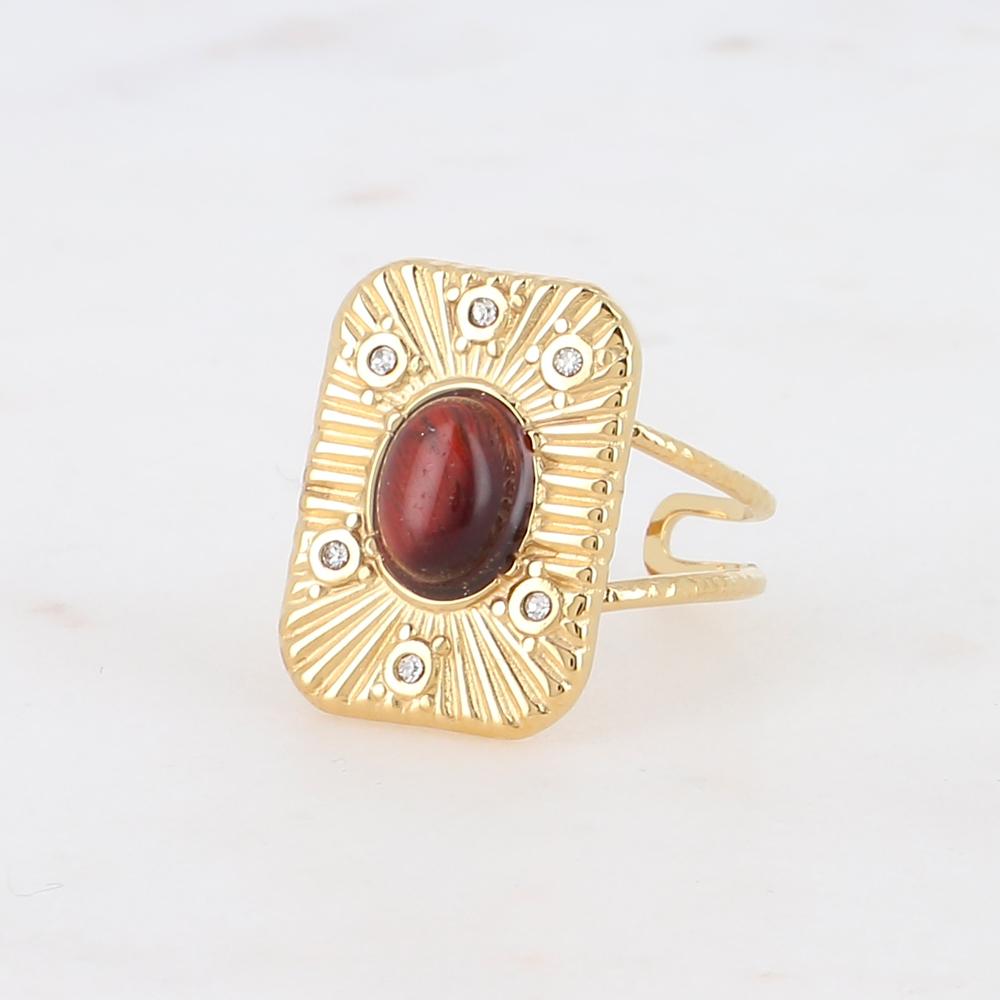 Bague rectangle réglable avec pierre naturelle et strass - Œil de tigre