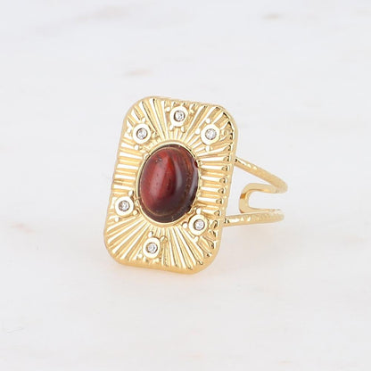 Bague rectangle réglable avec pierre naturelle et strass - Œil de tigre