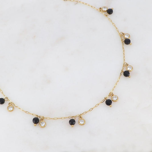 Collier doré embelli de pierres Onyx et de strass blancs 38+5 cm