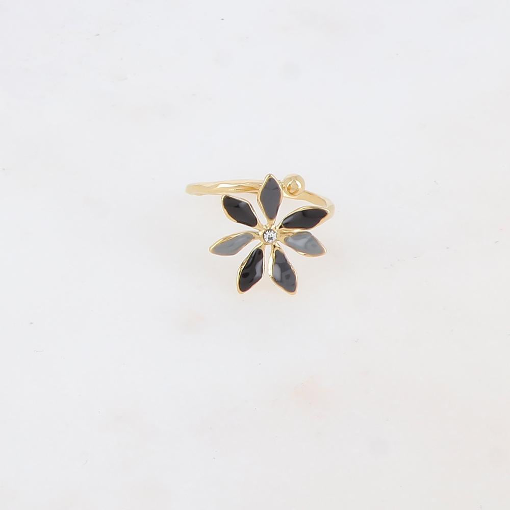 Bague fine avec fleur émaillée et strass - Noir