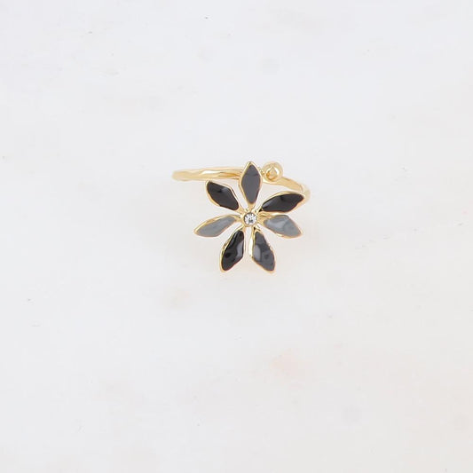 Bague fine avec fleur émaillée et strass - Noir