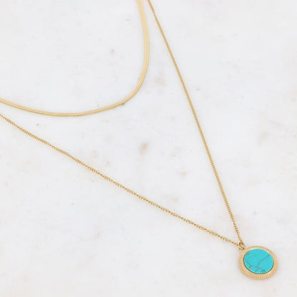 Collier 2 rangs avec une pampille ronde ornée d'une pierre howlite turquoise 39/56+7 cm