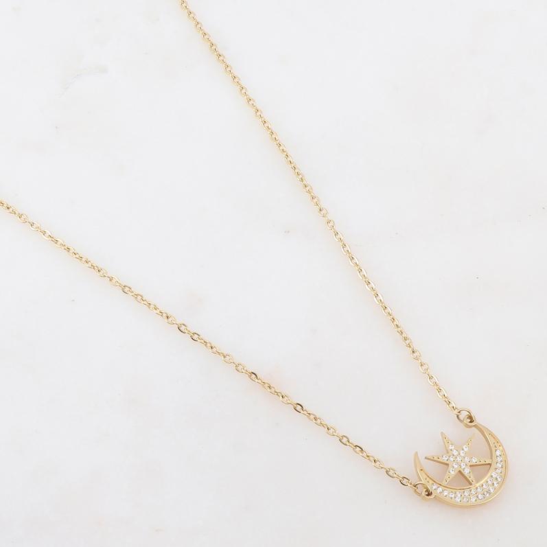 Collier doré composé d'un pendentif étoile et lune ornée de strass blancs 40+5 cm