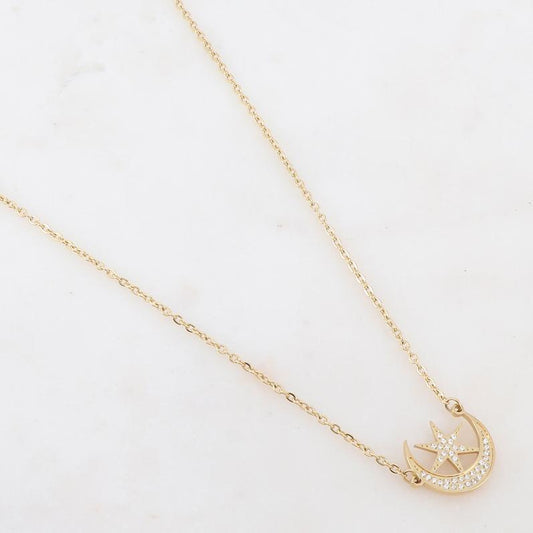 Collier doré composé d'un pendentif étoile et lune ornée de strass blancs 40+5 cm