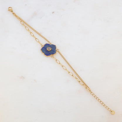 Bracelet deux rangs avec fleur en pierre naturelle, strass
