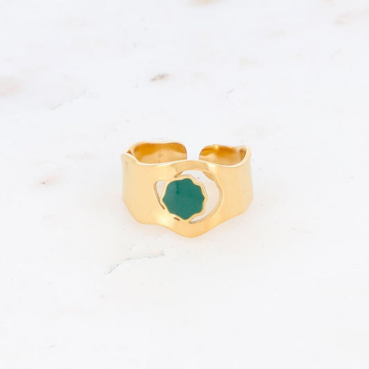 Bague avec pièce géométrique ondulée, émail - Vert