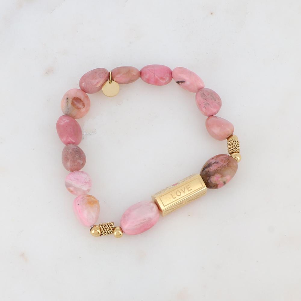 Bracelet élastique avec pierres naturelles, boules, chaînes torsadées, pièce géométrique en 5 faces - Rhodonite