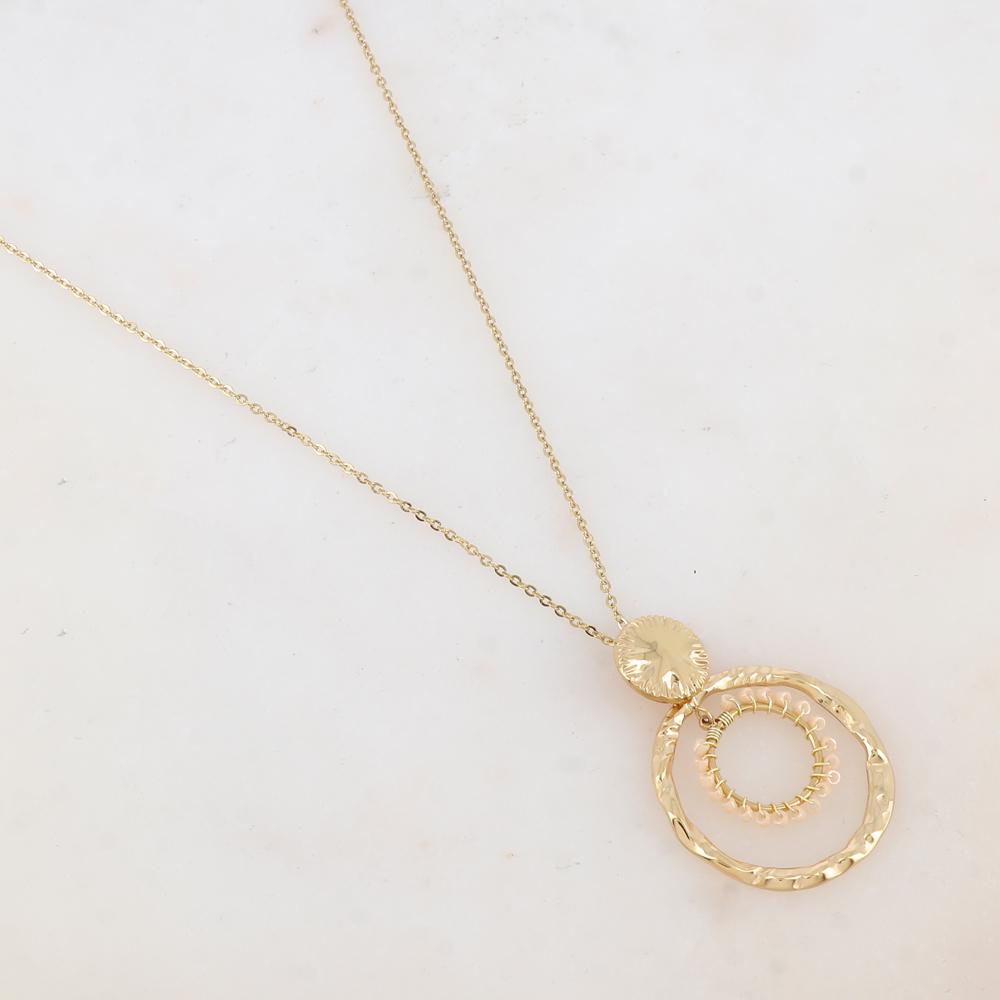 Collier avec pièce ronde, deux anneaux et perles de rocaille beiges (55+5CM)