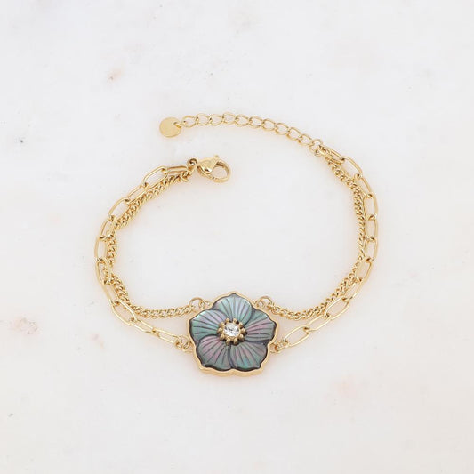 Bracelet deux rangs avec fleur en pierre naturelle, strass