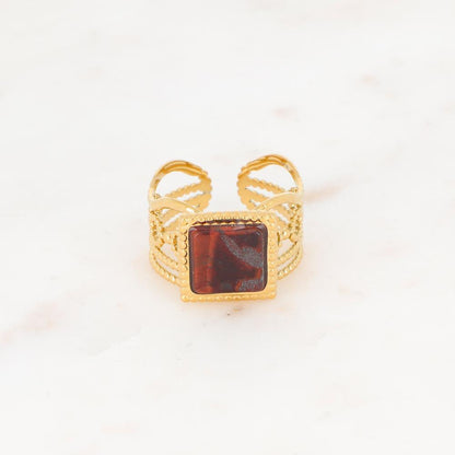 Bague ajourée avec une pierre naturelle carrée - Œil de tigre
