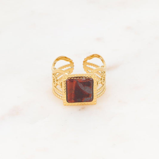 Bague ajourée avec une pierre naturelle carrée - Œil de tigre
