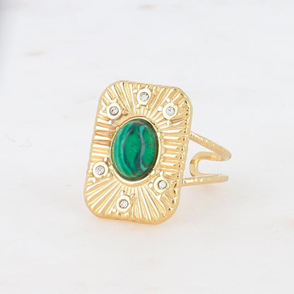 Bague rectangle réglable avec pierre reconstituée et strass - Malachite