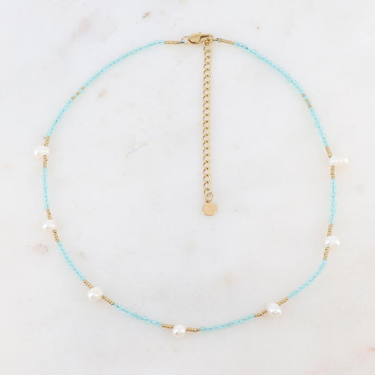 Collier doré orné de perles en pierre naturelle turquoise et perles d'eau douce 37+7 cm