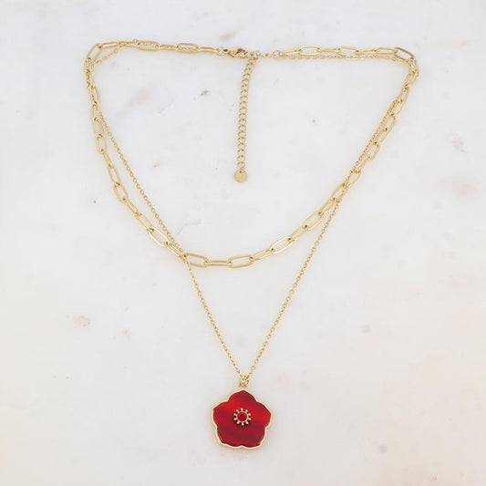 Collier double rangs avec pendentif fleur en pierre naturelle et strass (38/42+7CM)