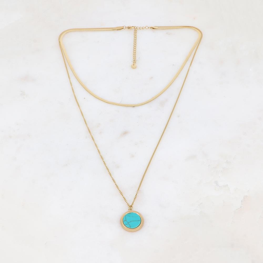 Collier 2 rangs avec une pampille ronde ornée d'une pierre howlite turquoise 39/56+7 cm