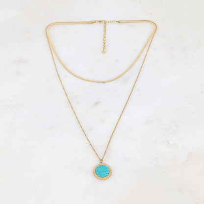 Collier 2 rangs avec une pampille ronde ornée d'une pierre howlite turquoise 39/56+7 cm