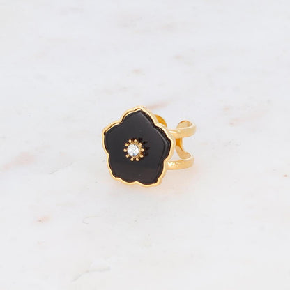 Bague double rangs avec fleur en pierre naturelle et strass - Onyx