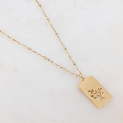 Collier avec pendentif rectangulaire motif arbre de vie (40+5CM)