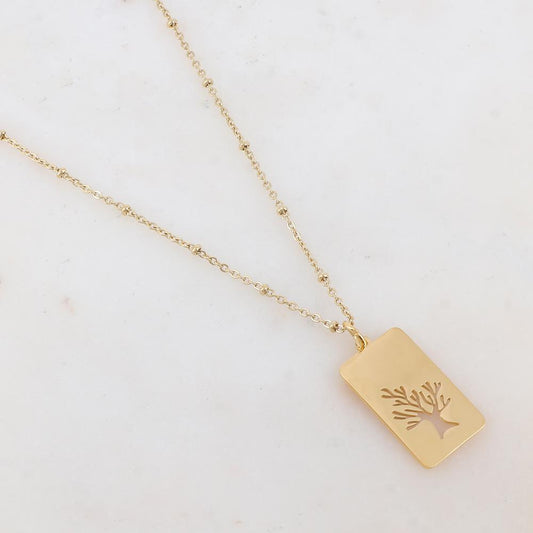 Collier avec pendentif rectangulaire motif arbre de vie (40+5CM)