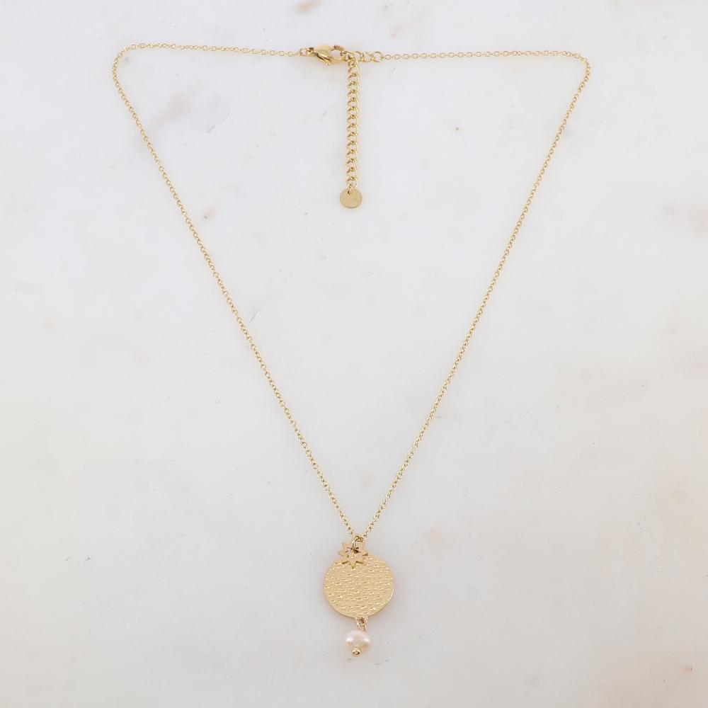 Collier avec pendentif rond martelé, étoile et perle d'eau douce (40+5CM)