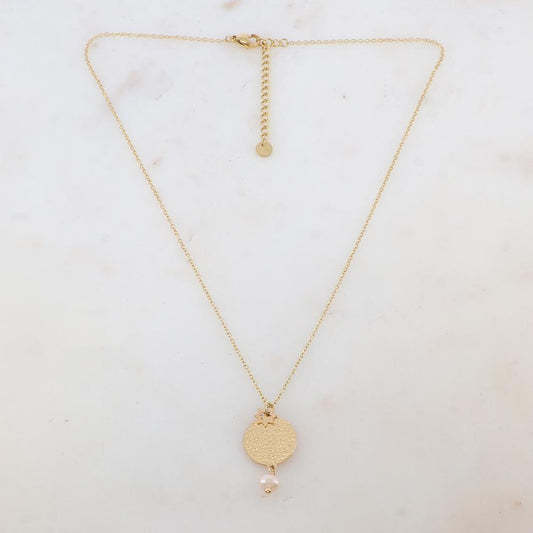 Collier avec pendentif rond martelé, étoile et perle d'eau douce (40+5CM)