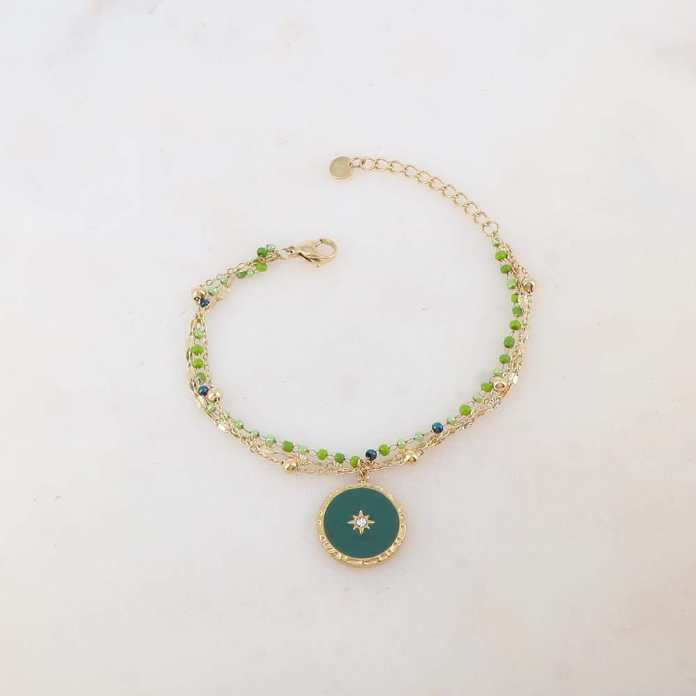 Bracelet trois rangs avec perles émaillées, petites boules, pièce ronde émaillée, étoile et strass