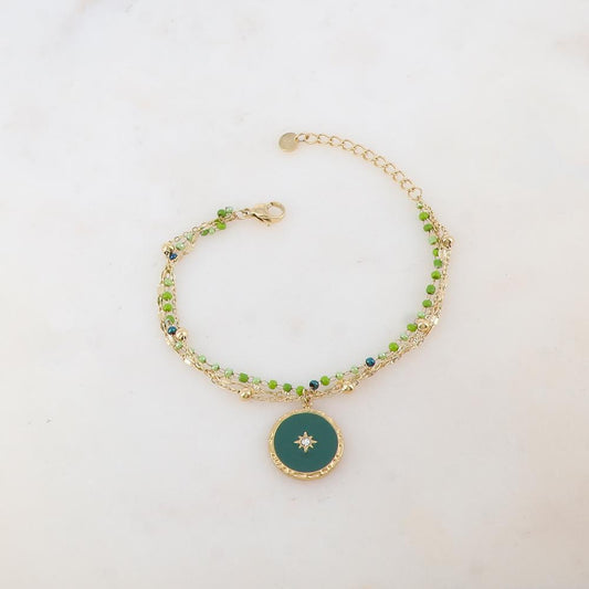 Bracelet trois rangs avec perles émaillées, petites boules, pièce ronde émaillée, étoile et strass