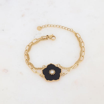 Bracelet deux rangs avec fleur en pierre naturelle, strass
