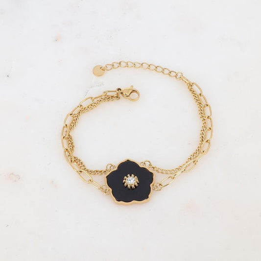 Bracelet deux rangs avec fleur en pierre naturelle, strass