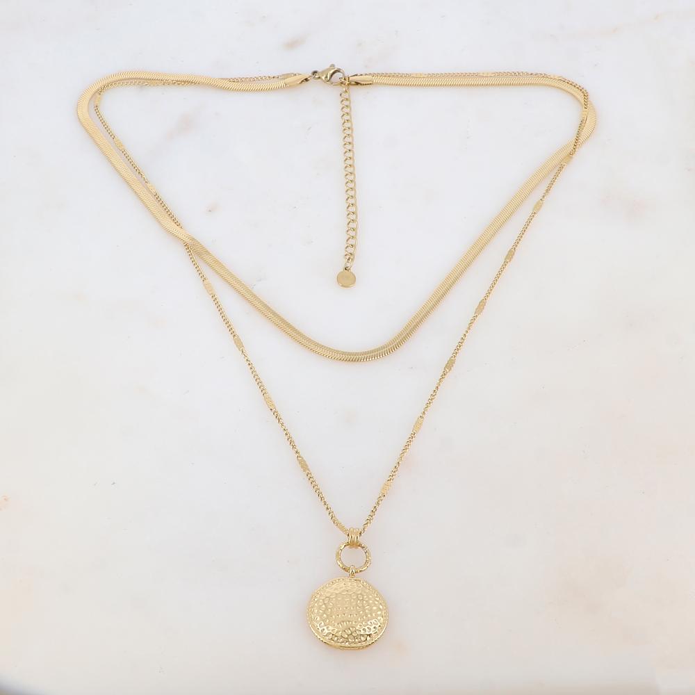 Collier 2 rangs avec maille miroir, petit anneau et pendentif rond martelé (40/48+7CM)
