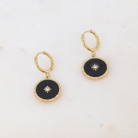 Créoles avec pendentif rond émaillé, étoile et strass 1,6 x 3,3CM.