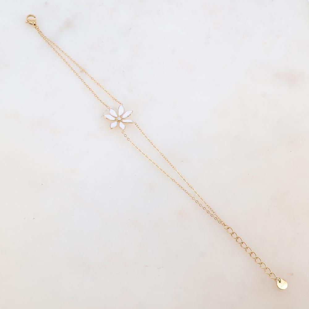 Bracelet deux rangs avec pendant fleur émaillée et strass