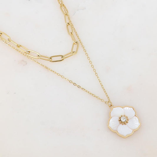 Collier 2 rangs avec maille, pendentif fleur en nacre, strass (38/42+7CM)