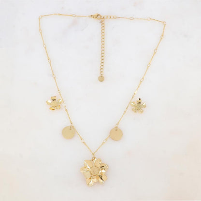 Collier avec 3 fleurs et 2 pampilles lisses (39+7CM)