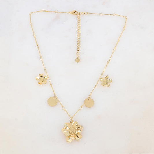 Collier avec 3 fleurs et 2 pampilles lisses (39+7CM)