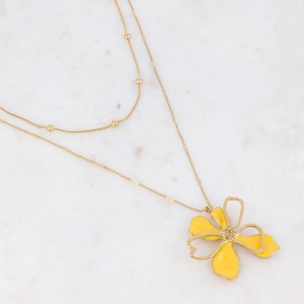 Collier double rangs doré avec une fleur émaillée jaune  40/55+7 cm