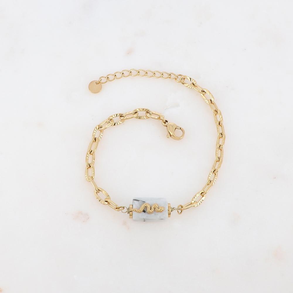 Bracelet en maille avec pierre naturelle et serpent - Pierre de lune blanche