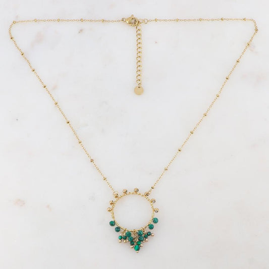 Collier composé d'un anneau doré et de perles en pierres naturelles malachite 40+5 cm