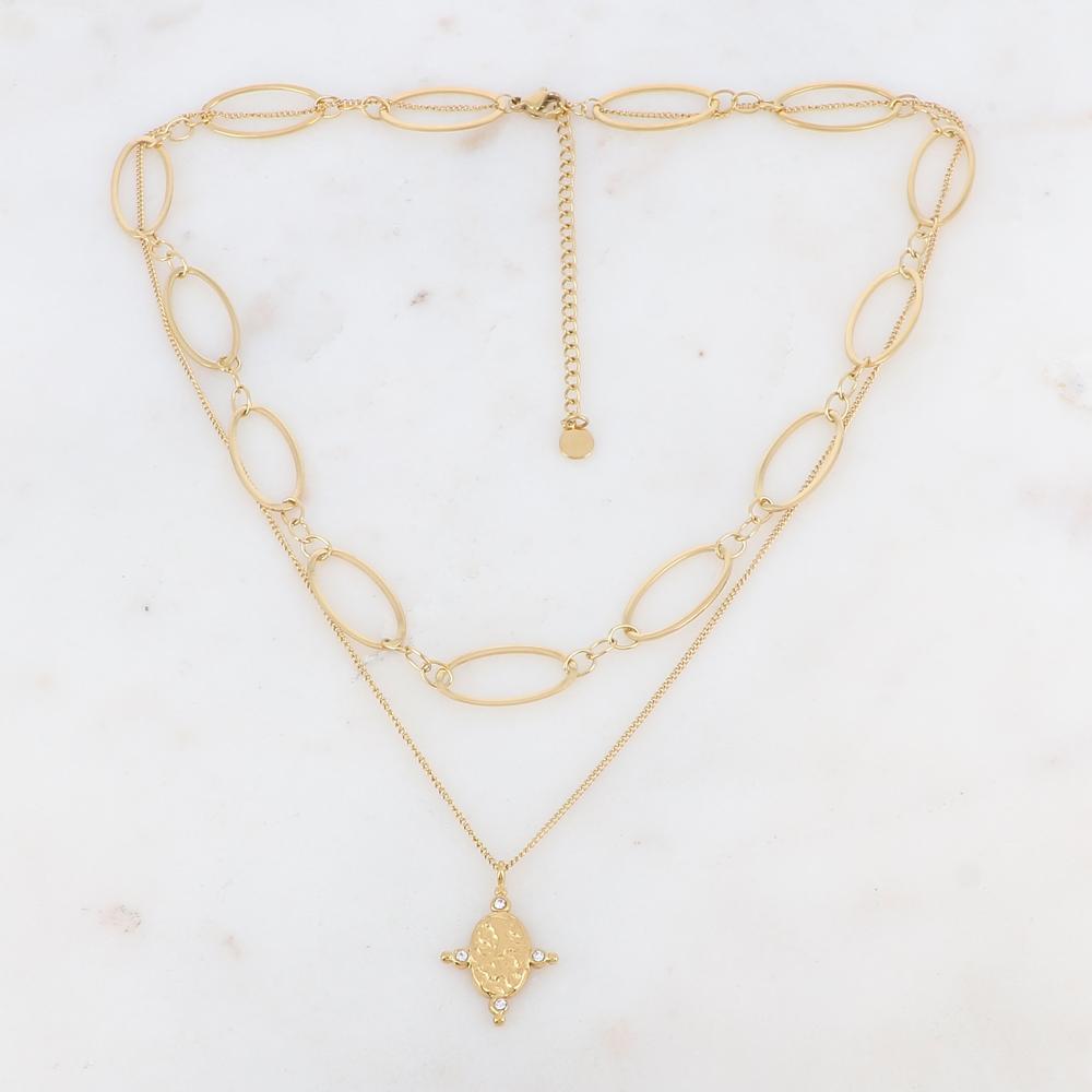 Collier 2 rangs composé d'un pendent orné de strass blancs 38/42+7 cm