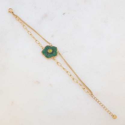 Bracelet deux rangs avec fleur en pierre naturelle, strass