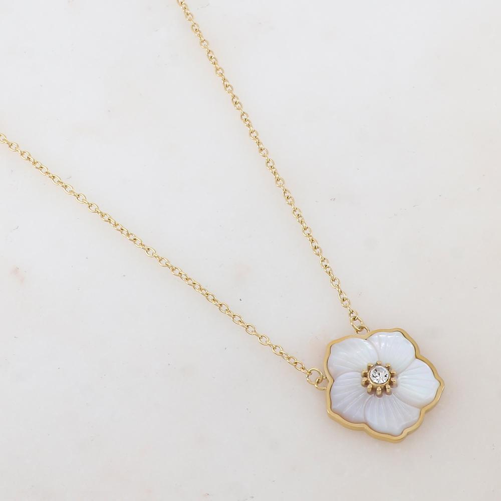 Collier avec pendentif fleur en nacre, strass (39+7CM)