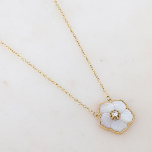 Collier avec pendentif fleur en nacre, strass (39+7CM)