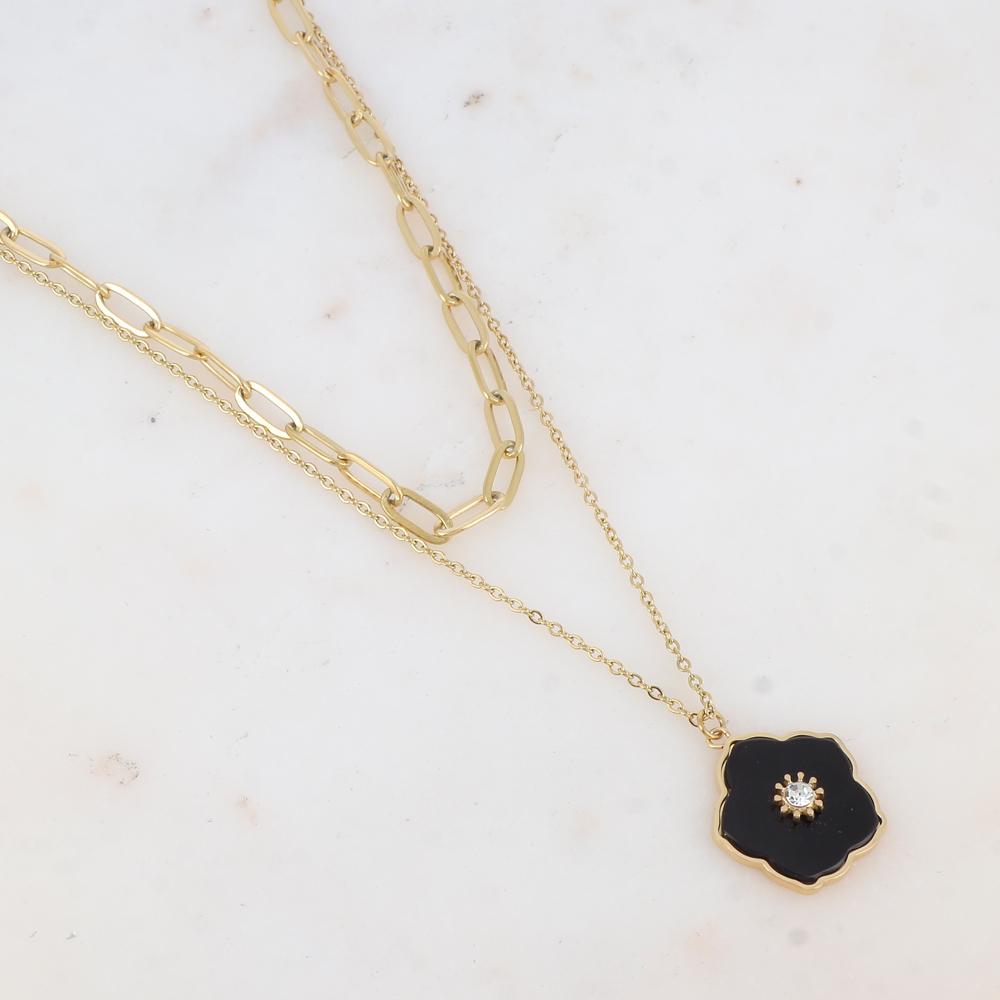 Collier double rangs avec pendentif fleur en pierre naturelle et strass (38/42+7CM)