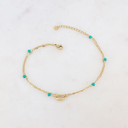 Chaîne de cheville deux rangs avec boules émaillées et cauri (22 + 3CM)
