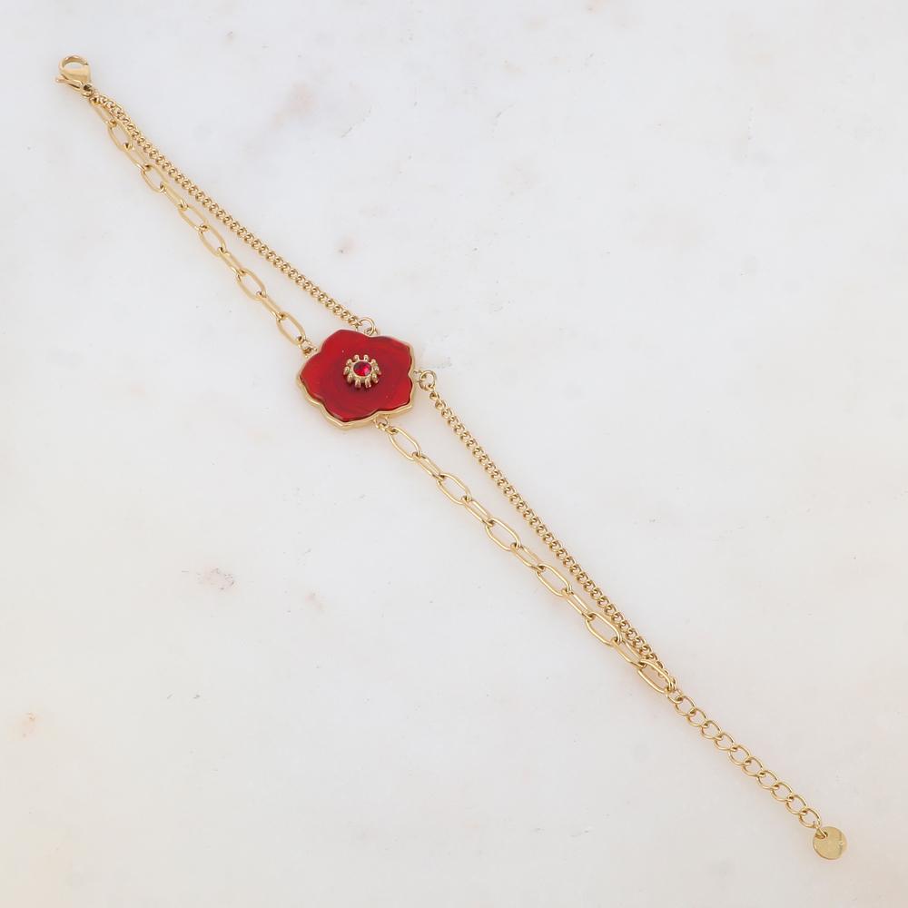 Bracelet deux rangs avec fleur en pierre naturelle, strass