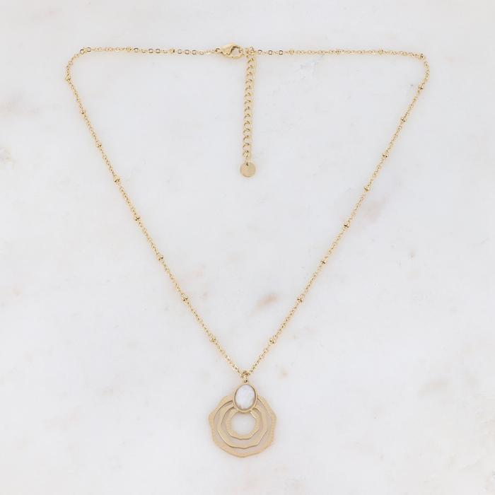 Collier doré avec pendentif aux formes géométriques et pierre naturelle blanche 38+5 cm